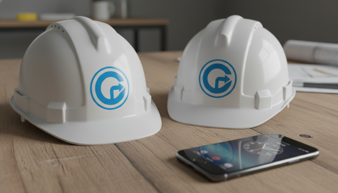 Zwei weiße Bauhelme mit einem blauen Logo neben einem Smartphone auf einem Tisch.