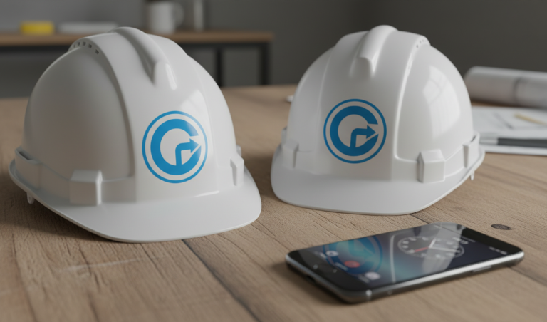 Zwei weiße Bauhelme mit einem Logo stehen neben einem Smartphone auf einem Holztisch.