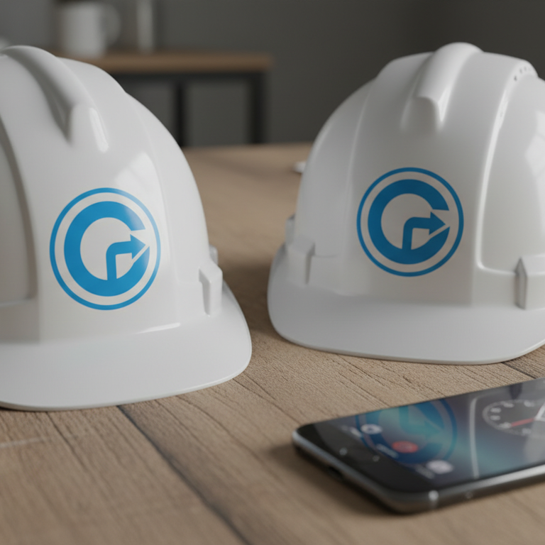 Zwei weiße Schutzhelme mit blauer Logodarstellung und einem Smartphone auf einem Tisch.