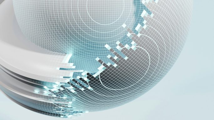 Abstrakte Darstellung einer kugelförmigen Struktur mit geometrischen Formen und Linien.