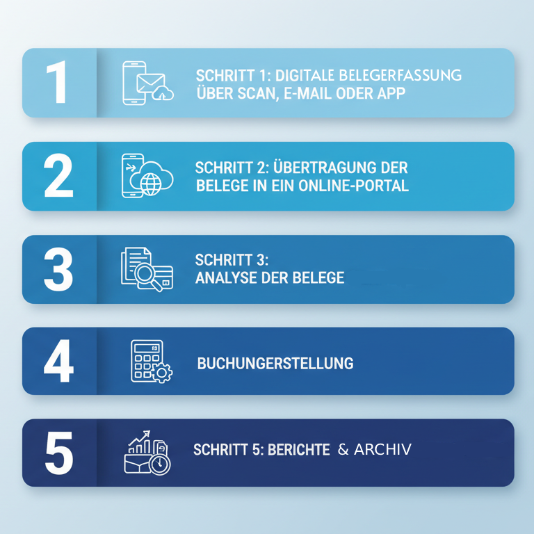Schritte zur digitalen Belegerfassung und -verarbeitung in einem Online-Portal.