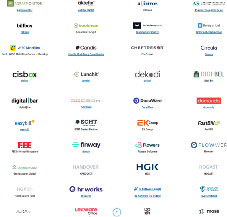Logos verschiedener Software-Unternehmen und Organisationen auf hellem Hintergrund.