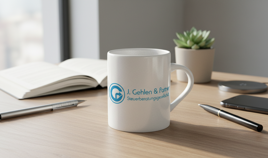 Weiße Tasse mit Logo auf einem Tisch, daneben Notizbuch und Pflanze.