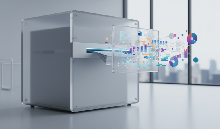 Moderner Automat mit grafischen Datenvisualisierungen.