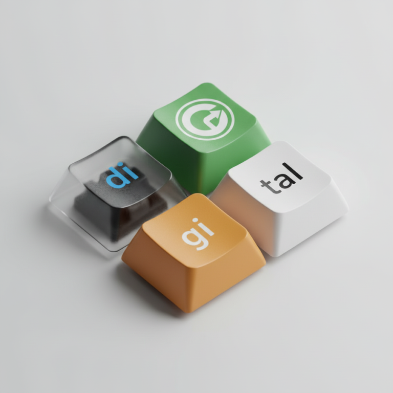 Bunte Tastenkappen in orange, grün, schwarz und weiß mit den Buchstaben "di", "gi" und "tal".